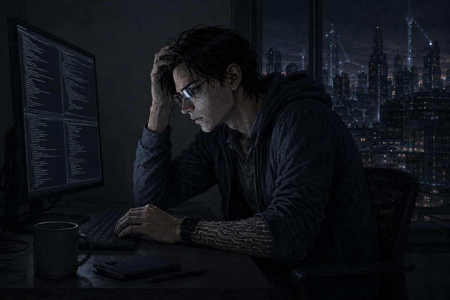 Cade Voss at his terminal, late at night. Multiple panes open. Screen glow the only light.