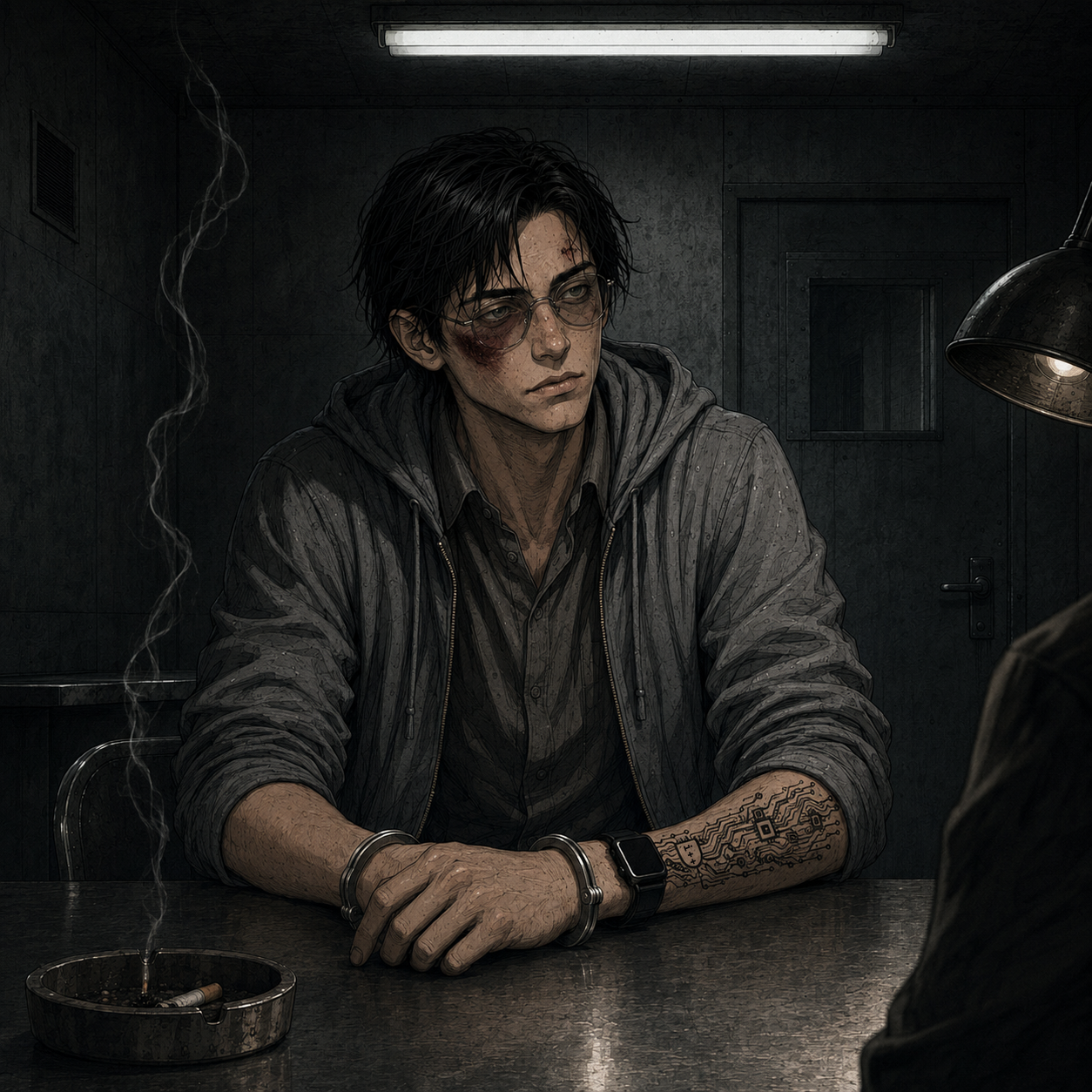 The interrogation room from the prologue. A federal agent and a lamp that won't stay where it started.