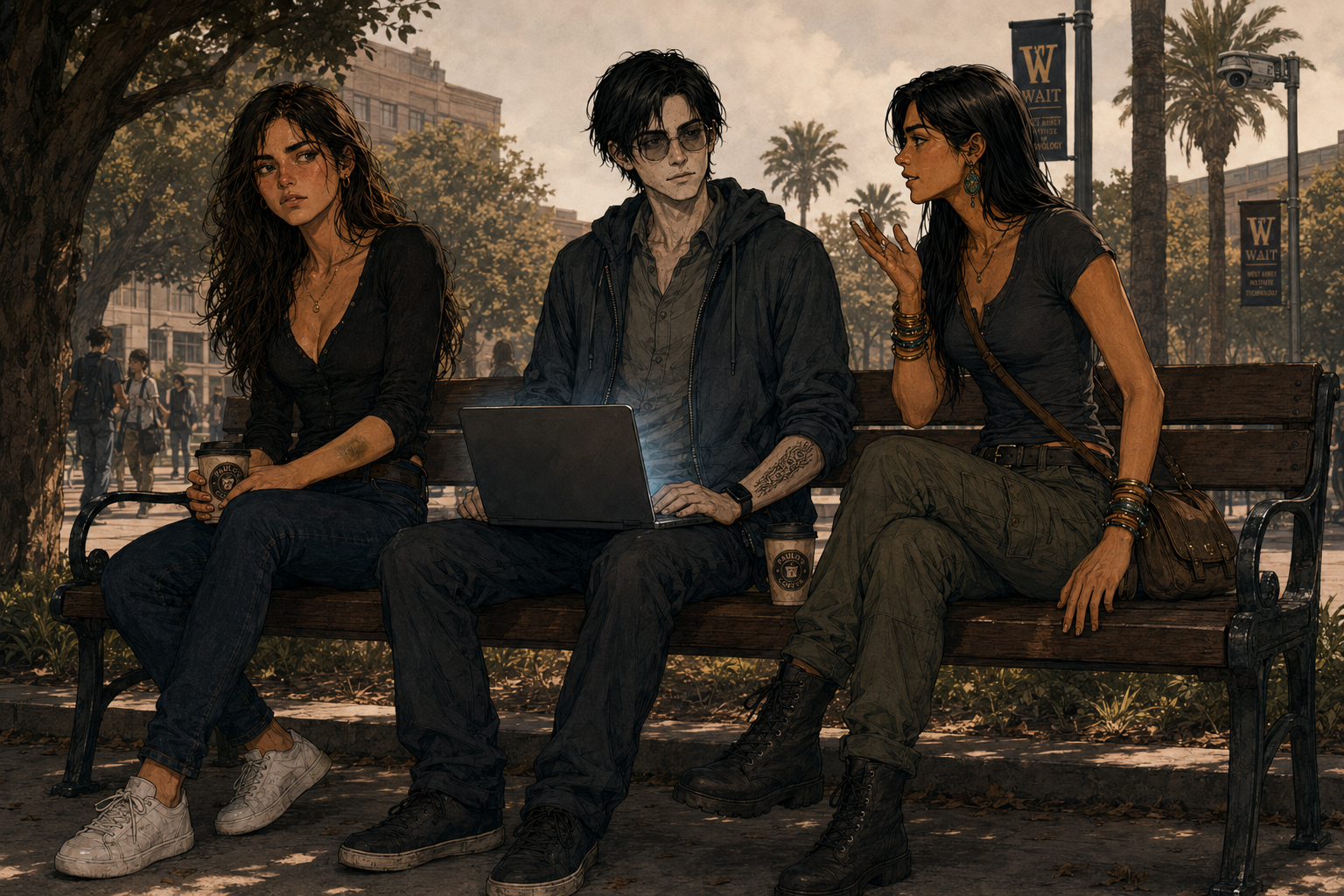 Three people on a campus bench in the late afternoon. Cade sits in the middle with a laptop open on his knees, hands still on its edge. Cass sits on his right, colour rising in her face, looking away at nothing. Sam sits on his left mid-gesture, bangles on the raised wrist, entirely pleased with herself.