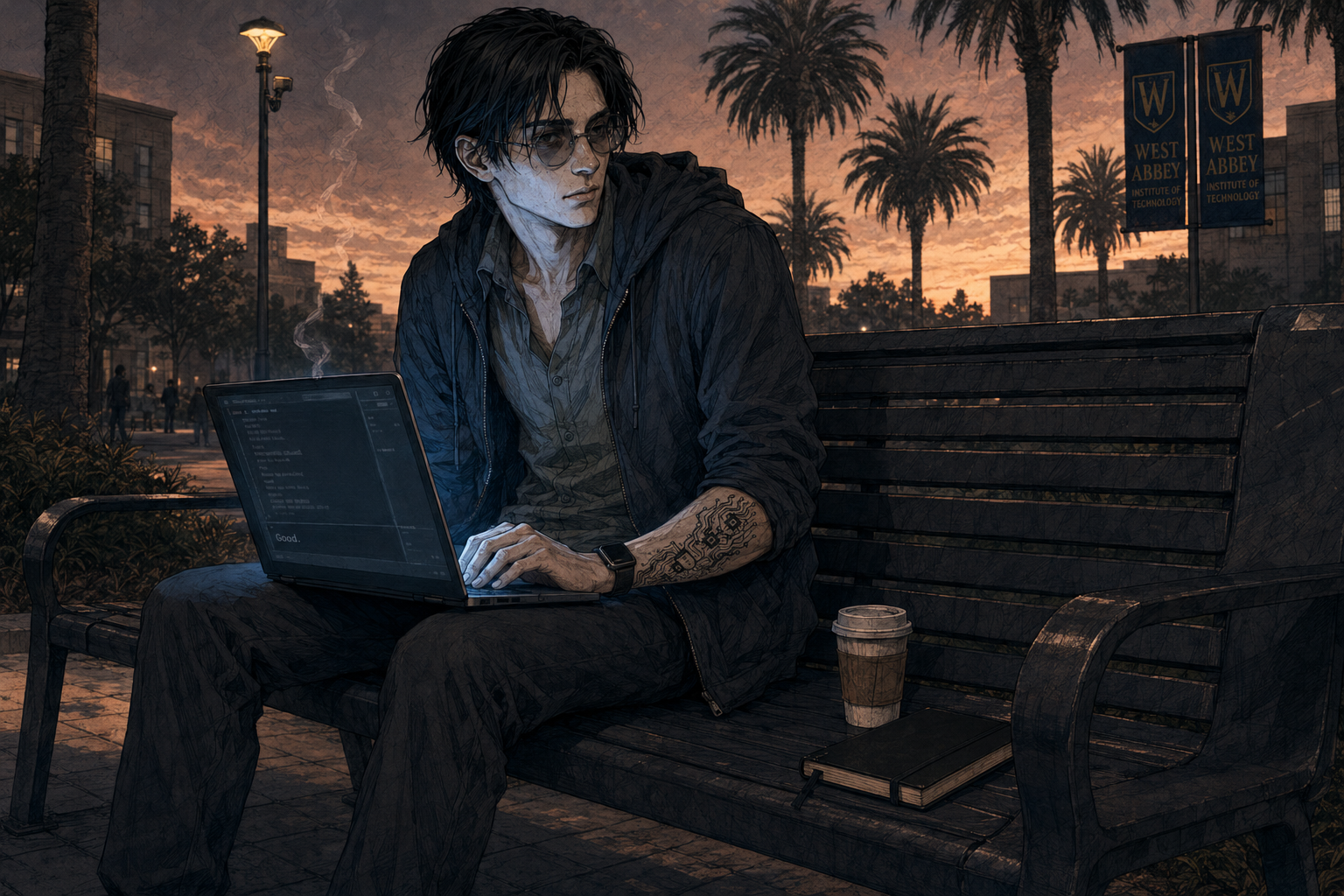 Cade alone on the quad bench at dusk, the laptop open on his knees and its screen the only cold light on his face. A cigarette burns between two fingers, smoke rising into the cooling air. Behind him the sky has gone from gold to a deeper blue over the palms, a WAIT banner lit on a lamp pole, the campus emptying out.