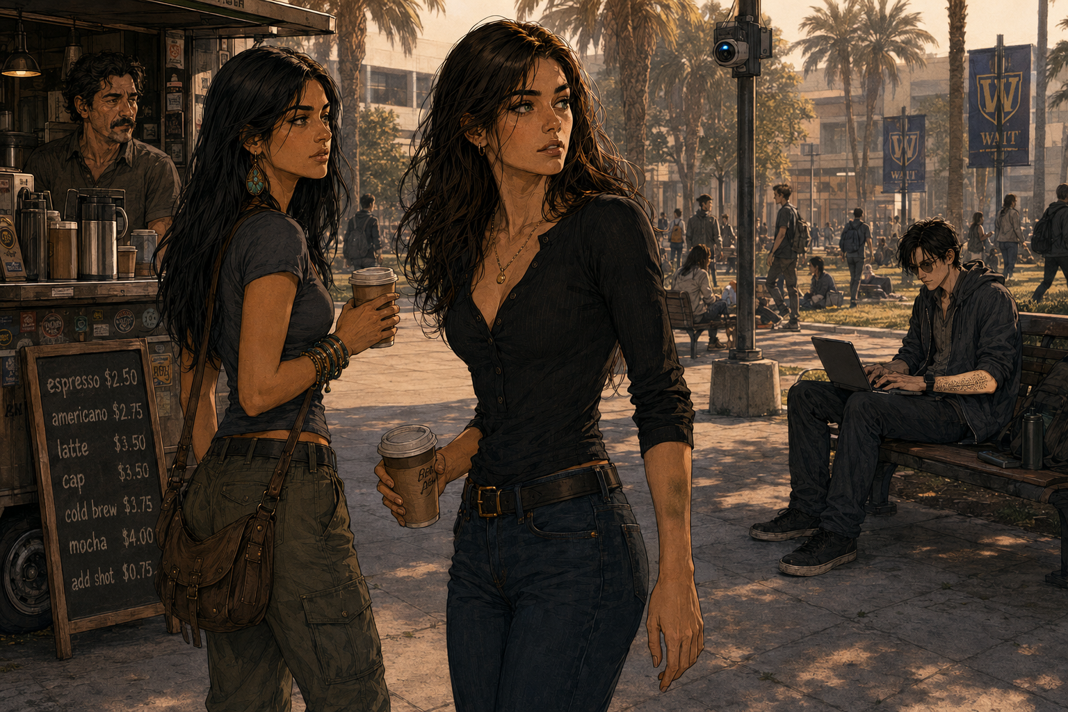 Cass turns from Paulo's coffee cart with a cup in her hand and stops, her eyes finding something across the quad. Sam stands beside her already tracking the same line of sight. Twenty yards behind them Cade sits on a shaded bench with a laptop, a shaft of afternoon sun catching the tattoo on his forearm.