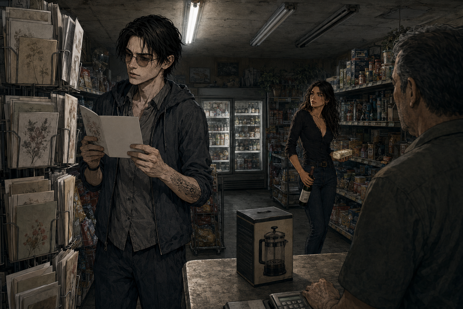 A small old corner store under fluorescent light with one tube dark. Cade stands at a spinning greeting-card rack holding a card open at reading distance with genuine puzzlement. Cass waits down the aisle with a block of butter in one hand and a bottle of wine by the neck in the other, watching him. A boxed French press sits on the checkout counter in the foreground.