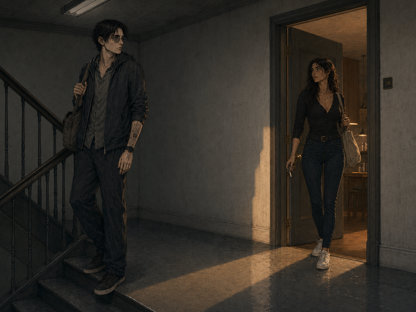The dim second-floor landing at 1847 Entrada, lit only by one weak ceiling fixture. The door to unit 2B stands open on the right and throws a single warm rectangle of kitchen light across the floor. Cade has stopped mid-stride at the top of the stairs with his bag on his shoulder, head turned toward the door. Cass stands in the doorway with her keys and a canvas tote, caught in the half-second of finding someone already there.