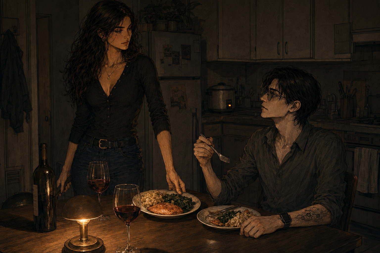 Cass stands beside the kitchen table having just set a refilled plate down in front of Cade — salmon, rice pilaf, buttered greens — one hand still on the rim of it, looking at him plainly. Cade sits with his fork paused mid-air, caught between an objection he has not started and the recognition that he is hungry. A single reading lamp is the only light.