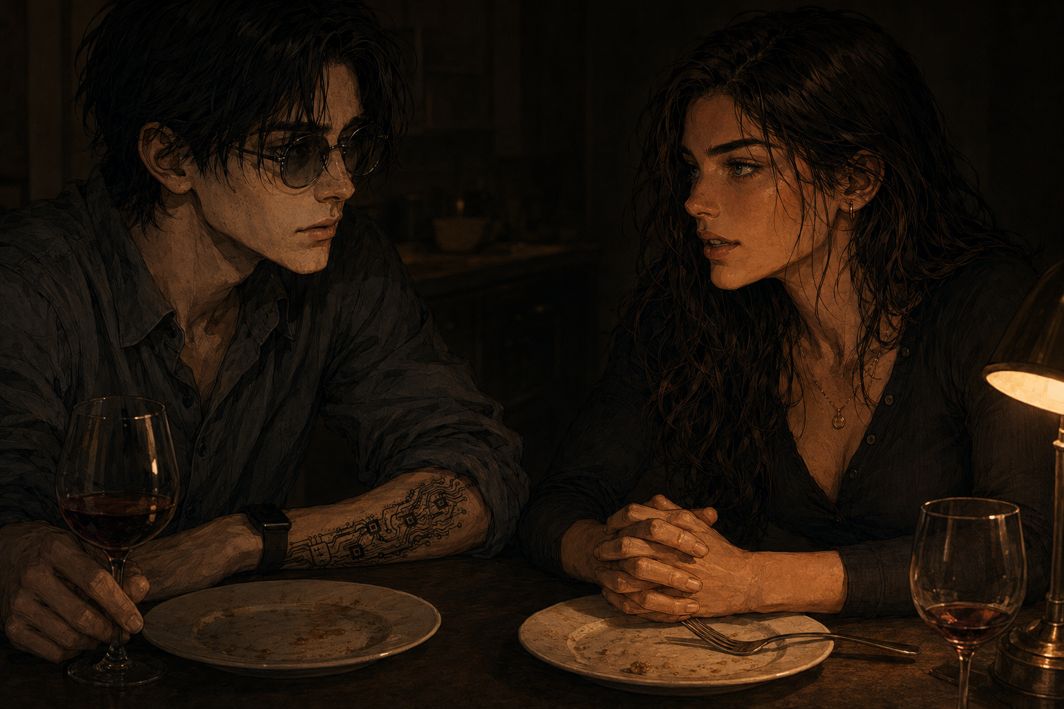A tight two-shot across the corner of the kitchen table, lit only by the reading lamp. Cass leans slightly forward with her hands folded in front of her, level and final, her eyes locked on his. Cade has gone completely still, one hand around the stem of a wine glass, the sleep debt plain on his face. The room behind them falls away into darkness.
