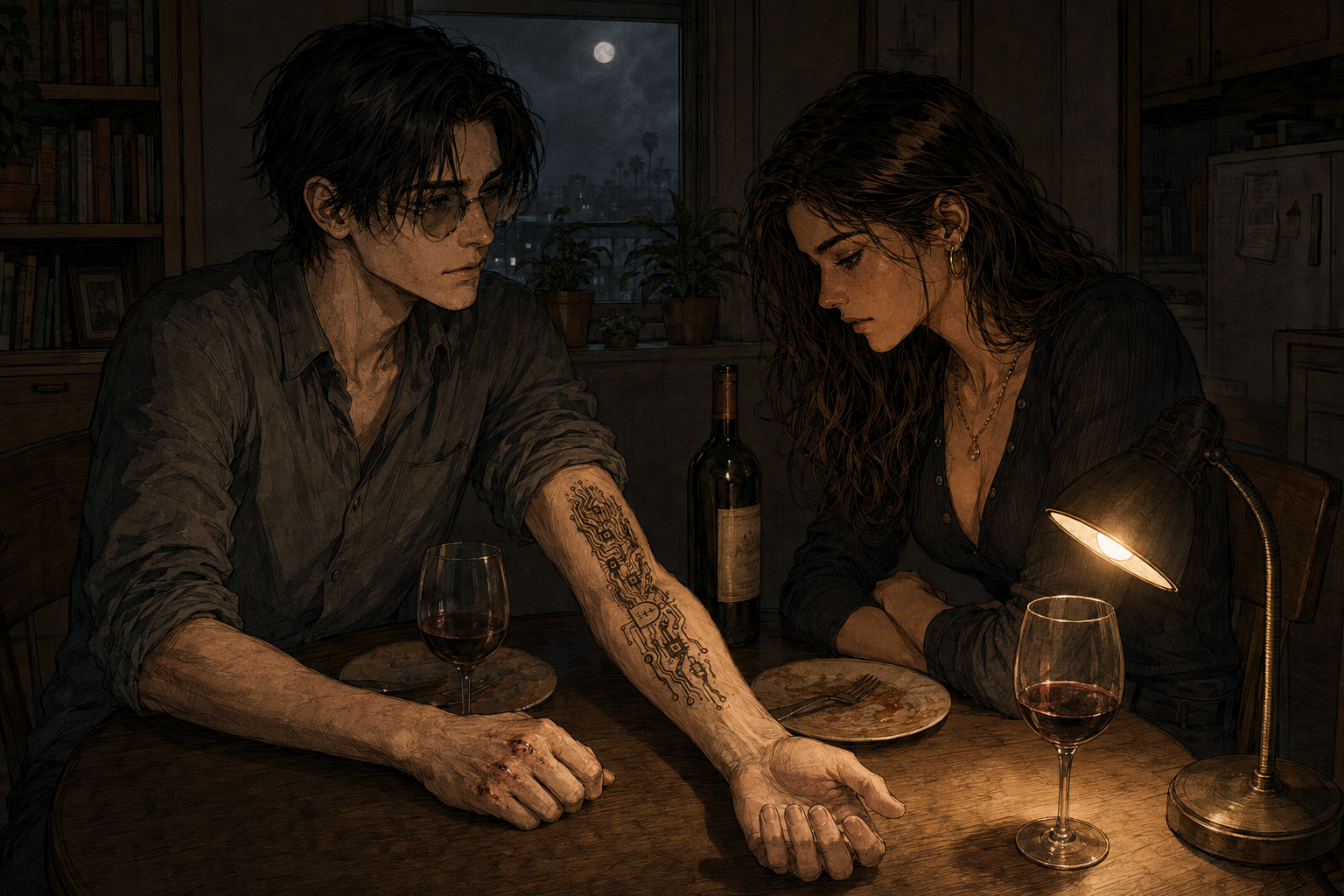 Cade's left forearm turned toward the reading lamp on the kitchen table, the circuit-board tattoo catching the light along the top of the arm, his other hand resting on the table with the knuckles split and closing. Cass leans in from the right, head lowered, reading the circuit rather than admiring it. Behind them a window where the marine layer is luminous with the moon behind it.