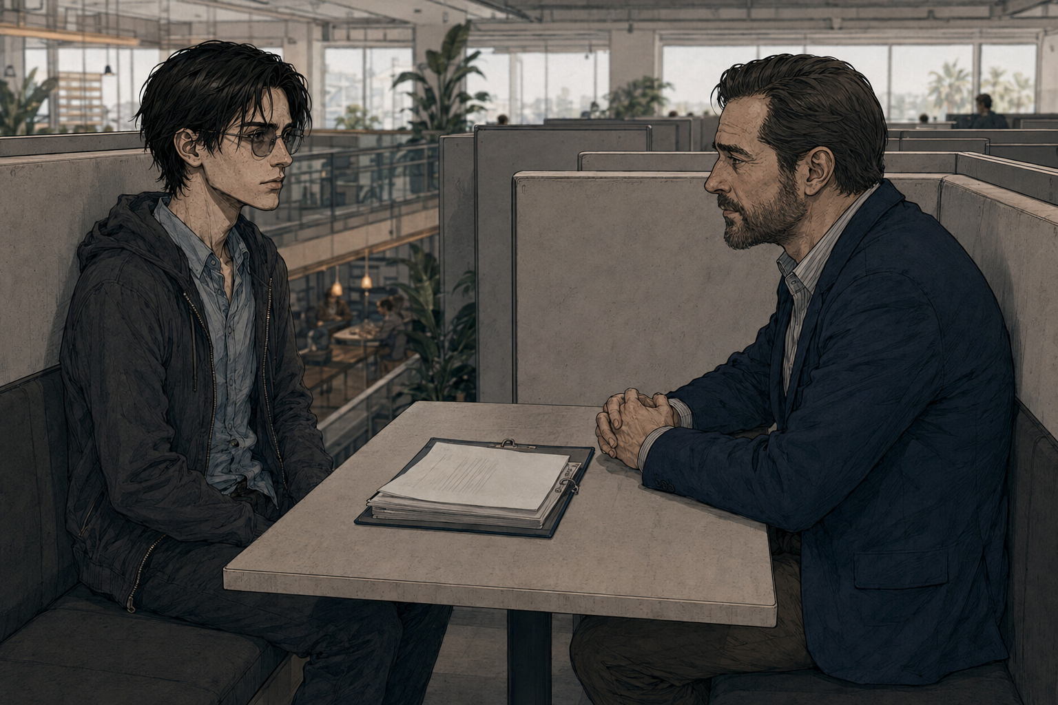 Cade across a table from Jeff Forcythe in a semi-private booth at the Spaces co-location workspace, hoodie unzipped over a cheap button-down, still damp from running. Forcythe has a thin binder open in front of him with Cade's resume on top of the stack.