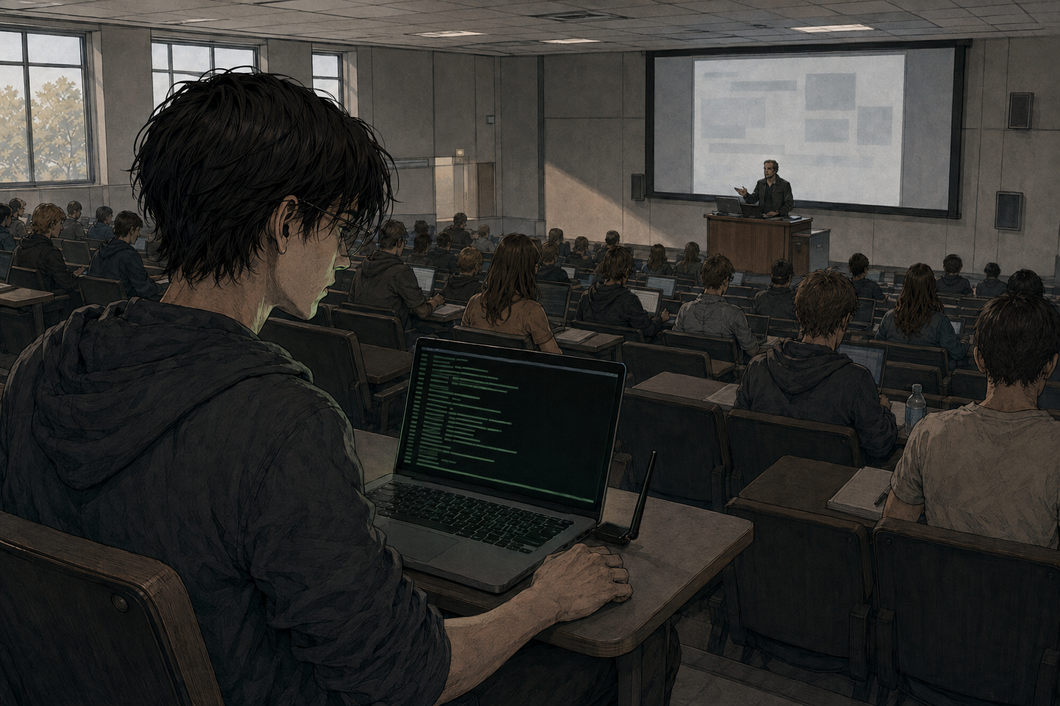 The back row of a tiered lecture hall seen from behind Cade, a green terminal open on his laptop and a USB network adapter with its antenna unfolded beside it. Professor Dietrich at the podium far below, rows of students facing away.