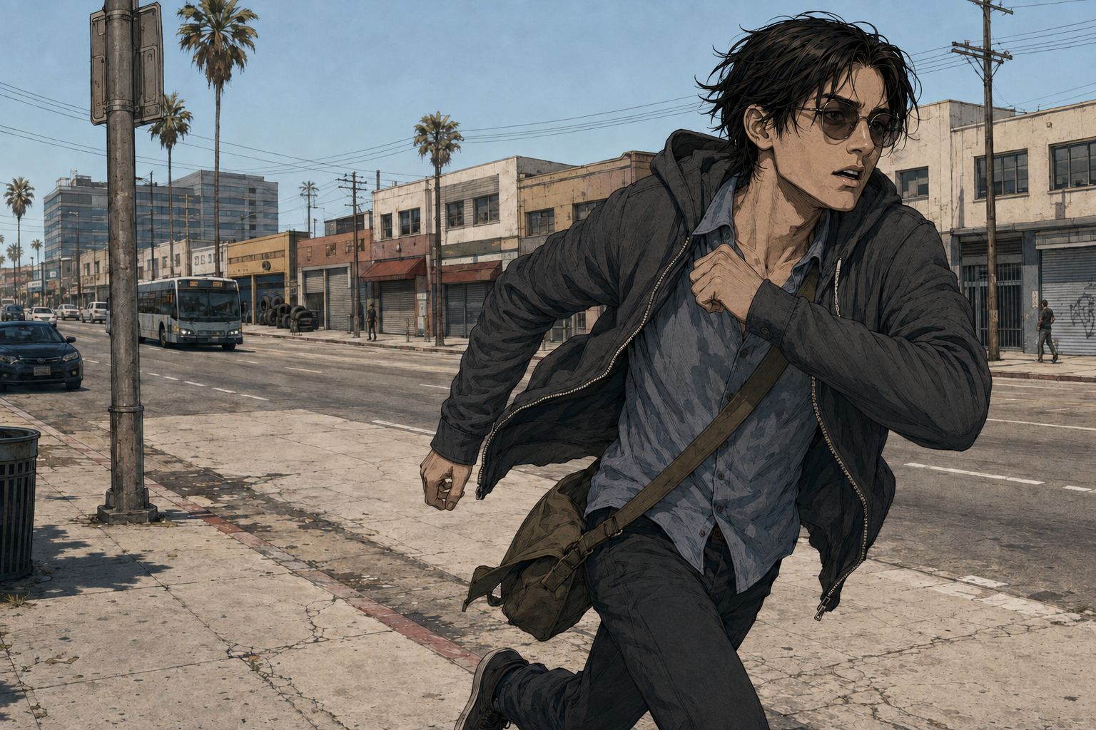 Cade running badly along Lincoln Boulevard in hard afternoon sun, hoodie flying open over a damp cheap button-down, sleeves down to the wrists, messenger bag swinging at his hip, transition lenses gone dark, the four-storey Spaces building small in the distance ahead.