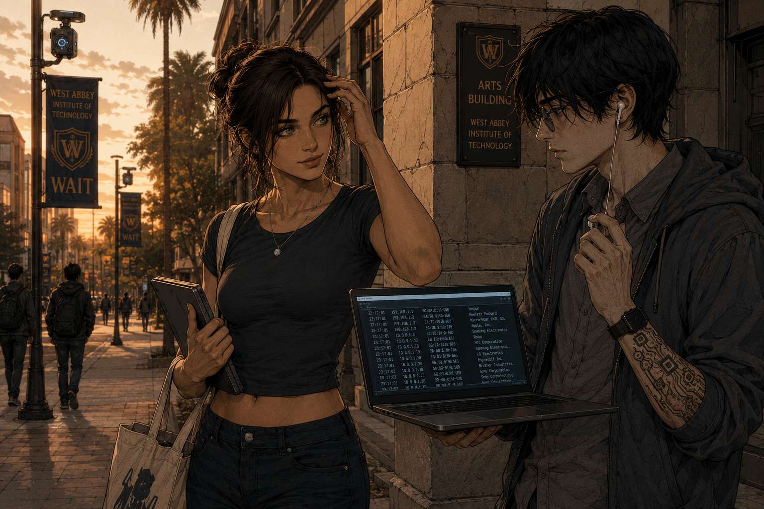 Cass and Cade at the corner of the Arts building on the West Abbey campus at golden hour, the instant after a near-collision. Cass pushes back a loose strand of hair and glances at the network-scan terminal on Cade's open laptop. A Glass camera node sits on the lamp pole; WAIT banners hang behind them.