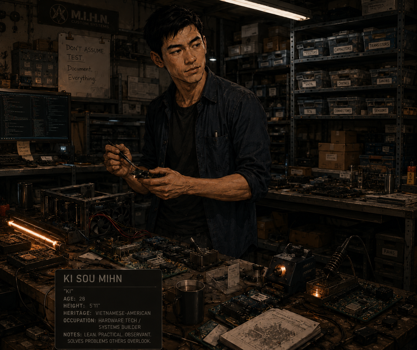 Ki Sou Mihn in the back room of M.I.H.N Custom Systems.