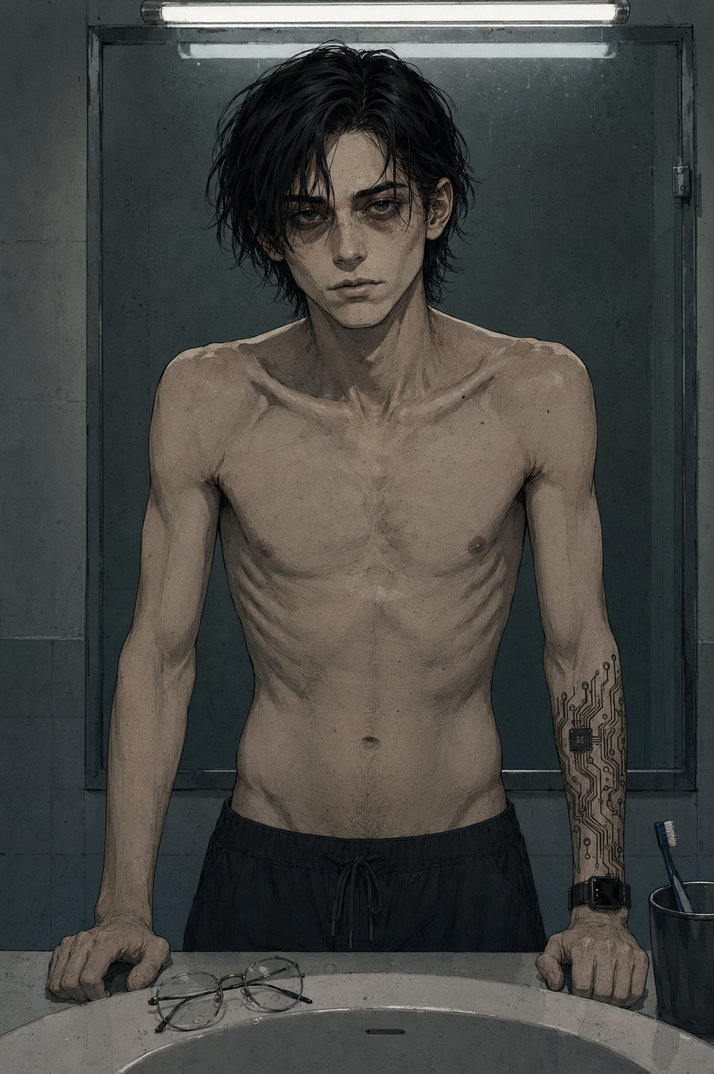Cade Voss shirtless at the bathroom mirror under a fluorescent light, dark circles under his eyes, a thin frame, the circuit tattoo up his left forearm, his glasses set on the edge of the sink.
