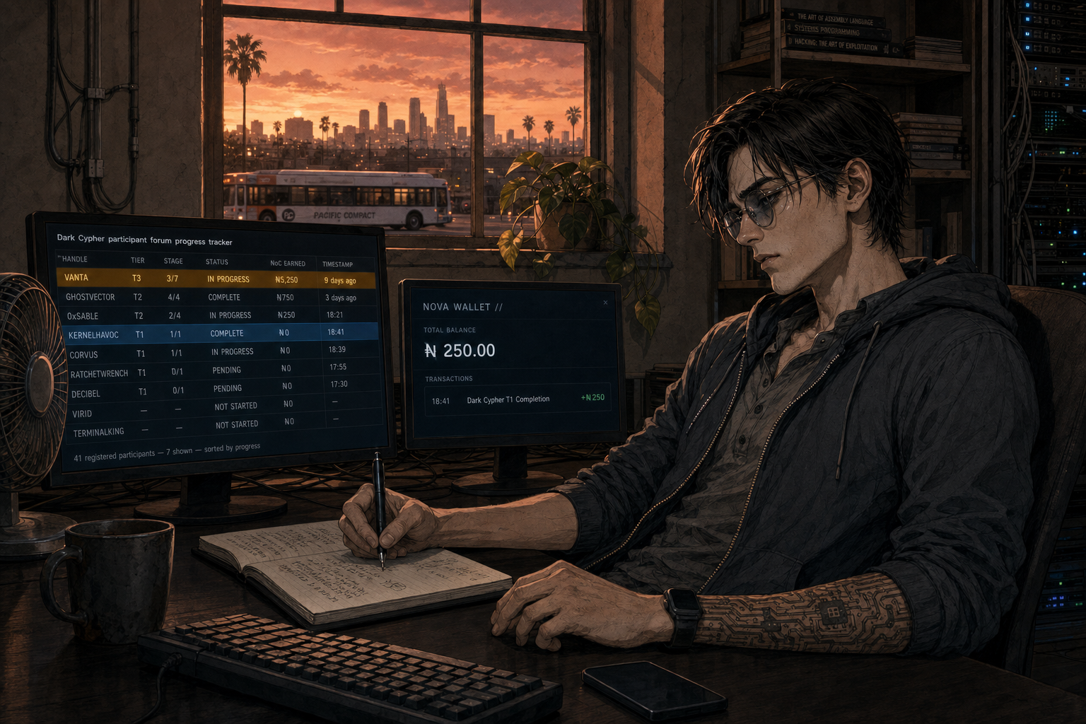 Cade at his desk at dusk writing in his notebook, the Dark Cypher participant-forum progress tracker on one monitor with VANTA at the top of the standings, his NovaCoin wallet on the other, server racks and the reddening city skyline behind him.