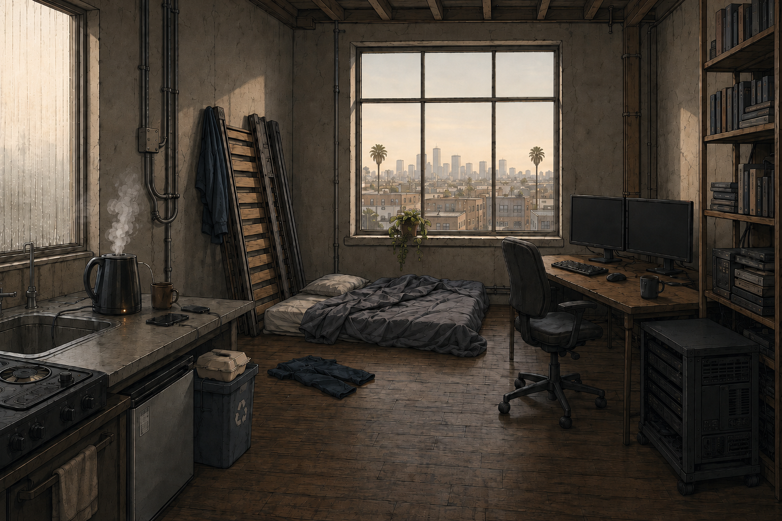 Cade's loft with nobody in it: the kettle boiling on the kitchen counter, the mattress on the floor, the bed frame still in pieces against the wall, the desk and server rack along the far wall, and the LA skyline hazy through the window.