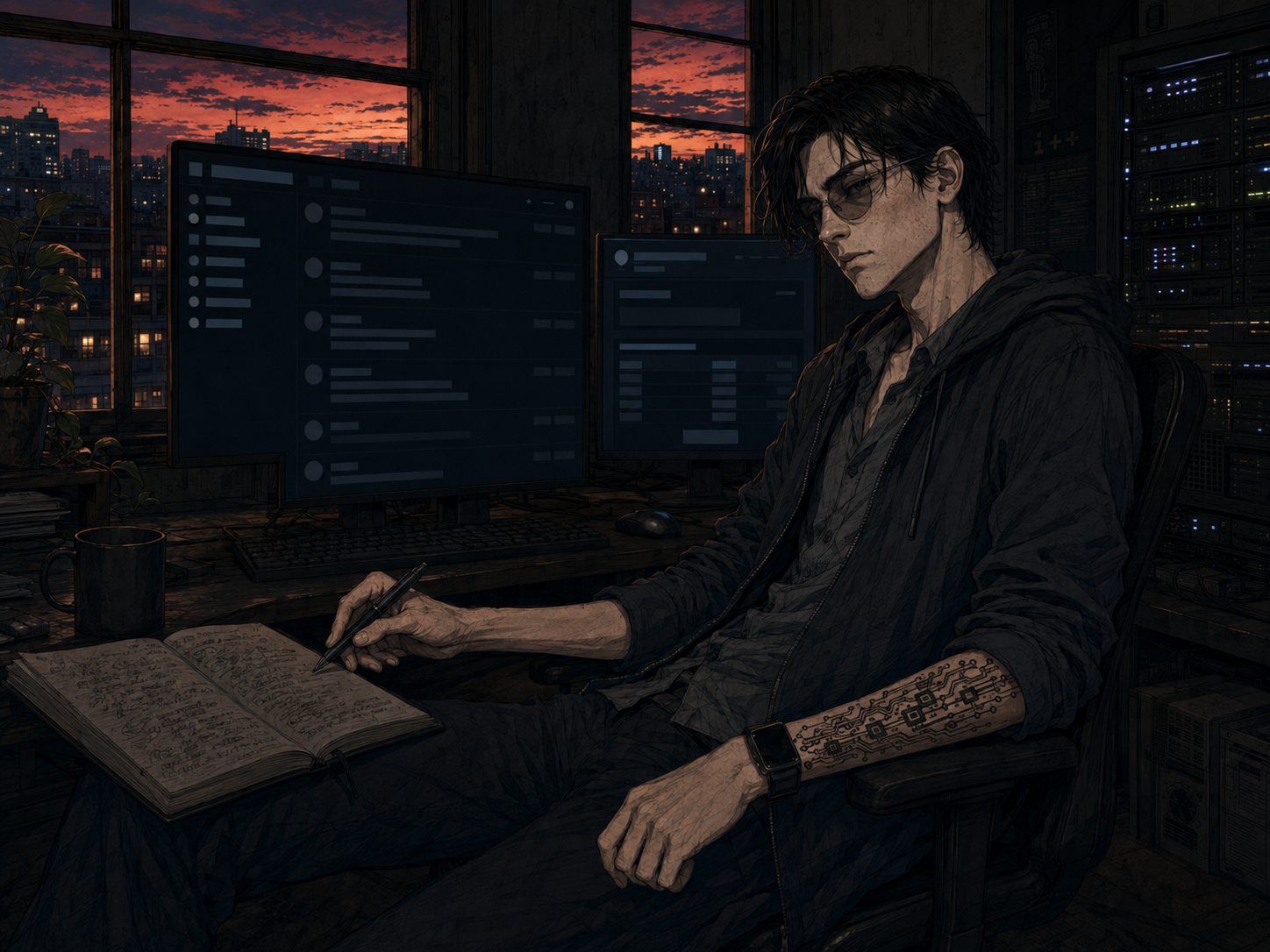 Cade leaning back from the desk at dusk, pen still in hand over the open black notebook, the participant forum on both monitors behind him and the sky over the city gone red through the loft windows.