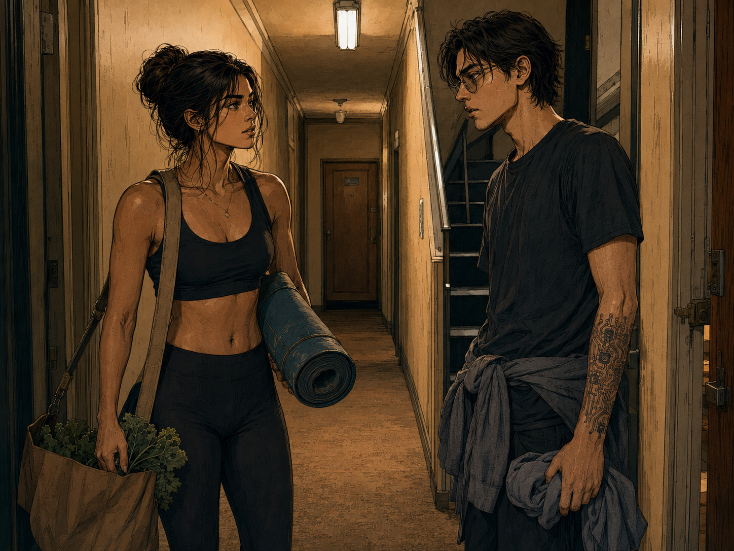 Cade and Cass face to face on the second-floor landing, Cass in gym clothes with a grocery bag and a worn blue mat under her arm, Cade sweat-damp with his hoodie tied at his waist and the circuit tattoo down his left forearm.