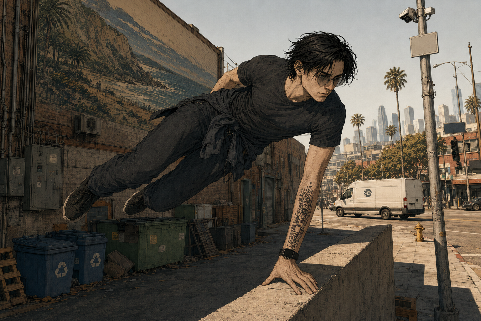 Cade Voss mid-vault over a low concrete wall on a downtown Los Angeles street, hoodie tied at his waist and the circuit tattoo down his left arm, a faded 'Forward Together' Pacific Compact mural behind him and a Glass surveillance camera on the corner pole.