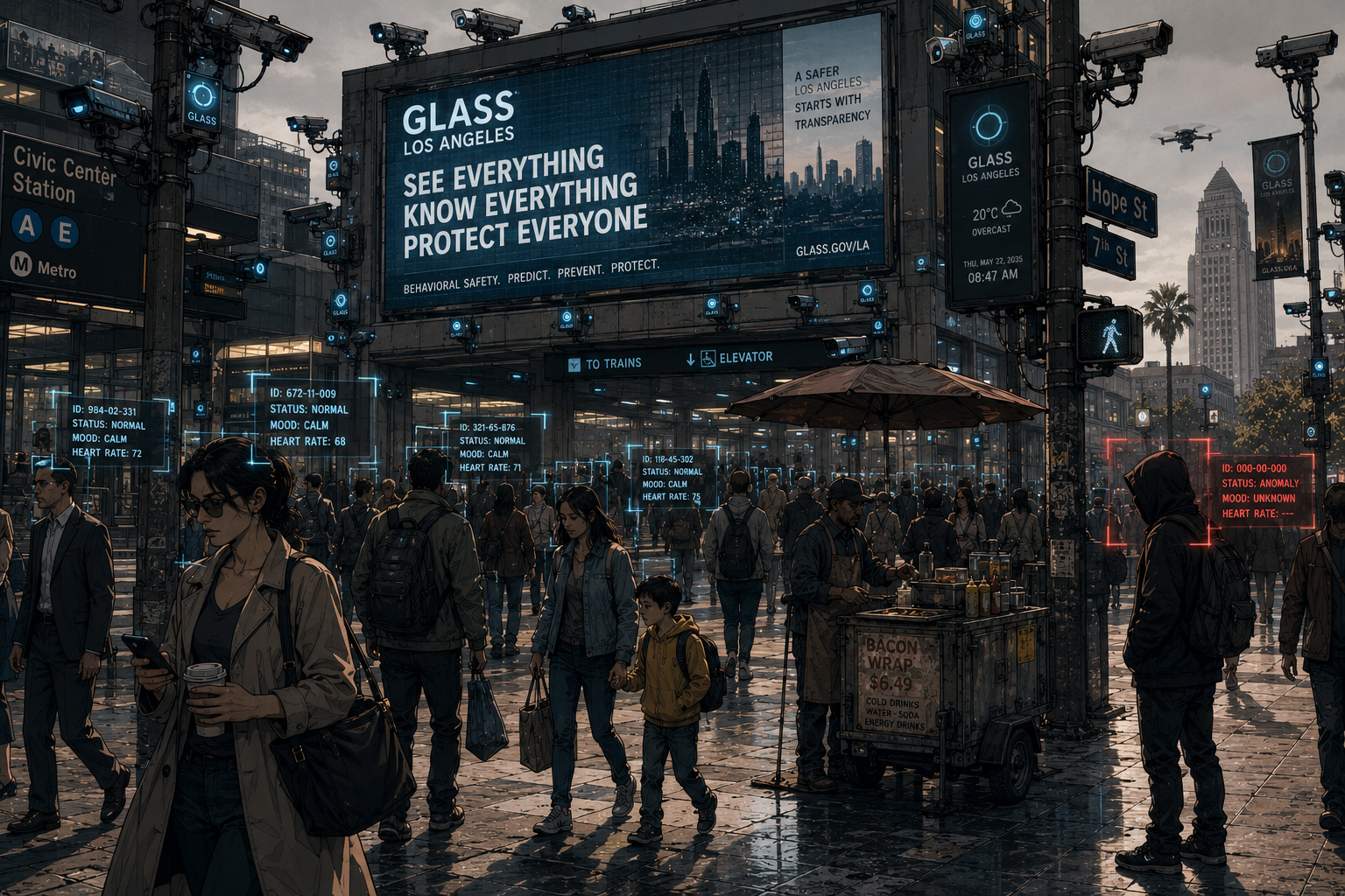 A crowded 2035 Los Angeles transit plaza outside Civic Center Station. Surveillance cameras and blue Glass sensor nodes cover every pole; a giant billboard reads GLASS LOS ANGELES — SEE EVERYTHING, KNOW EVERYTHING, PROTECT EVERYONE, and A SAFER LOS ANGELES STARTS WITH TRANSPARENCY. Floating blue data tags label ordinary commuters STATUS: NORMAL, MOOD: CALM with a heart rate, while a lone hooded figure on the right is boxed in red: ID 000-00-000, STATUS: ANOMALY, MOOD: UNKNOWN.