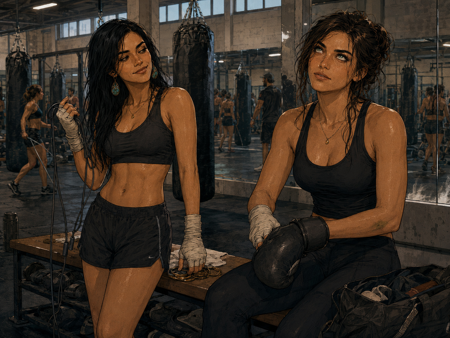 Sam and Cass at their morning boxing class. Sam leans against the equipment bench with a jump rope in her wrapped hands, stained-glass drop earrings on, her stacked bangles set aside beside her, grinning at her own joke. Cass sits in hand-wraps and a bag glove, hair pulled up, giving her a flat, unimpressed look. Heavy bags and a mirrored wall behind them, the class warming up in the background.