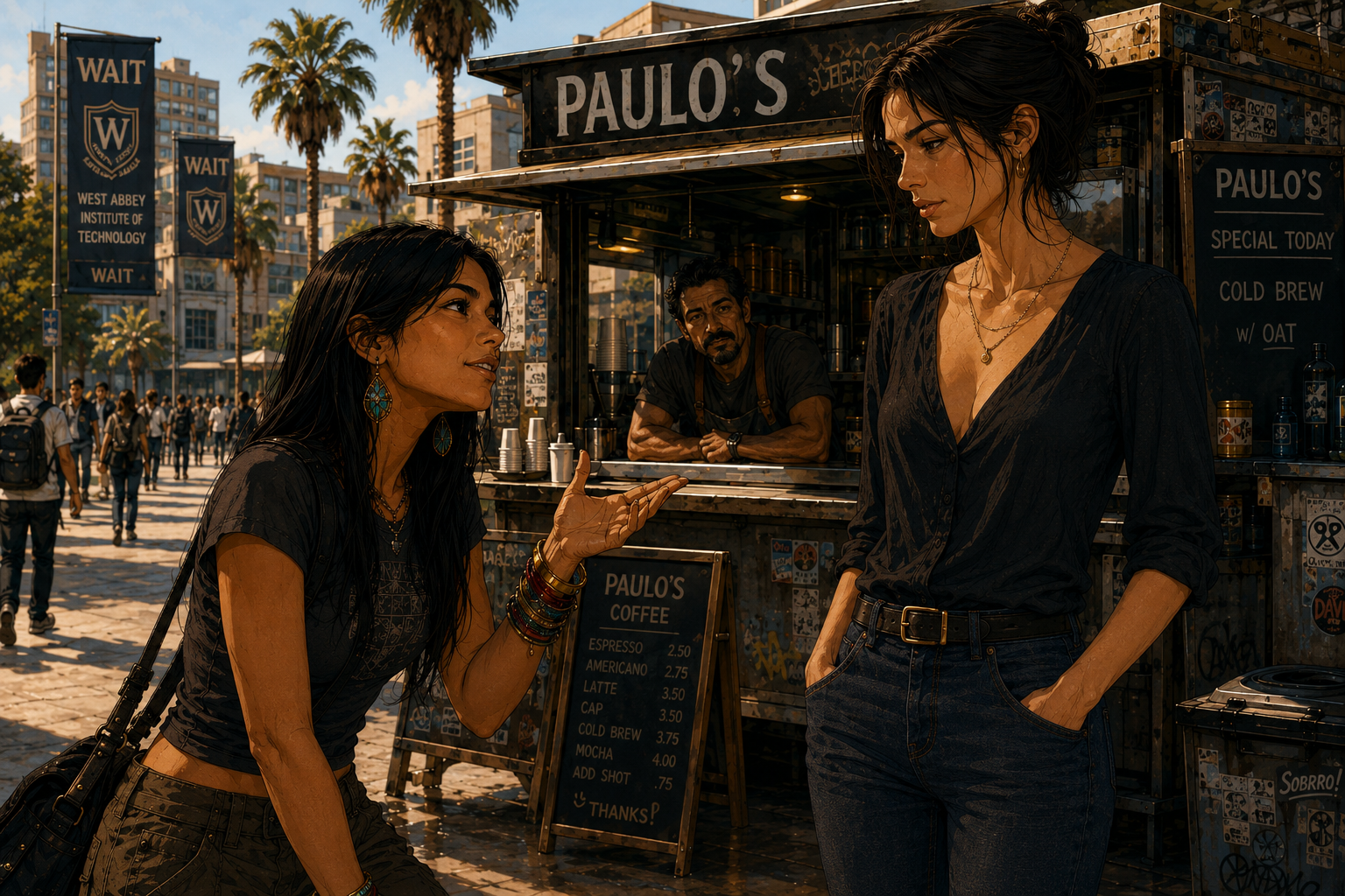 Sam and Cass at Paulo's coffee cart on the WAIT campus quad, Sam leaning in mid-argument, building her case with warm certainty and gesturing with a bangled wrist; Cass out of deflections, weight back; Paulo behind the hand-lettered menu board.