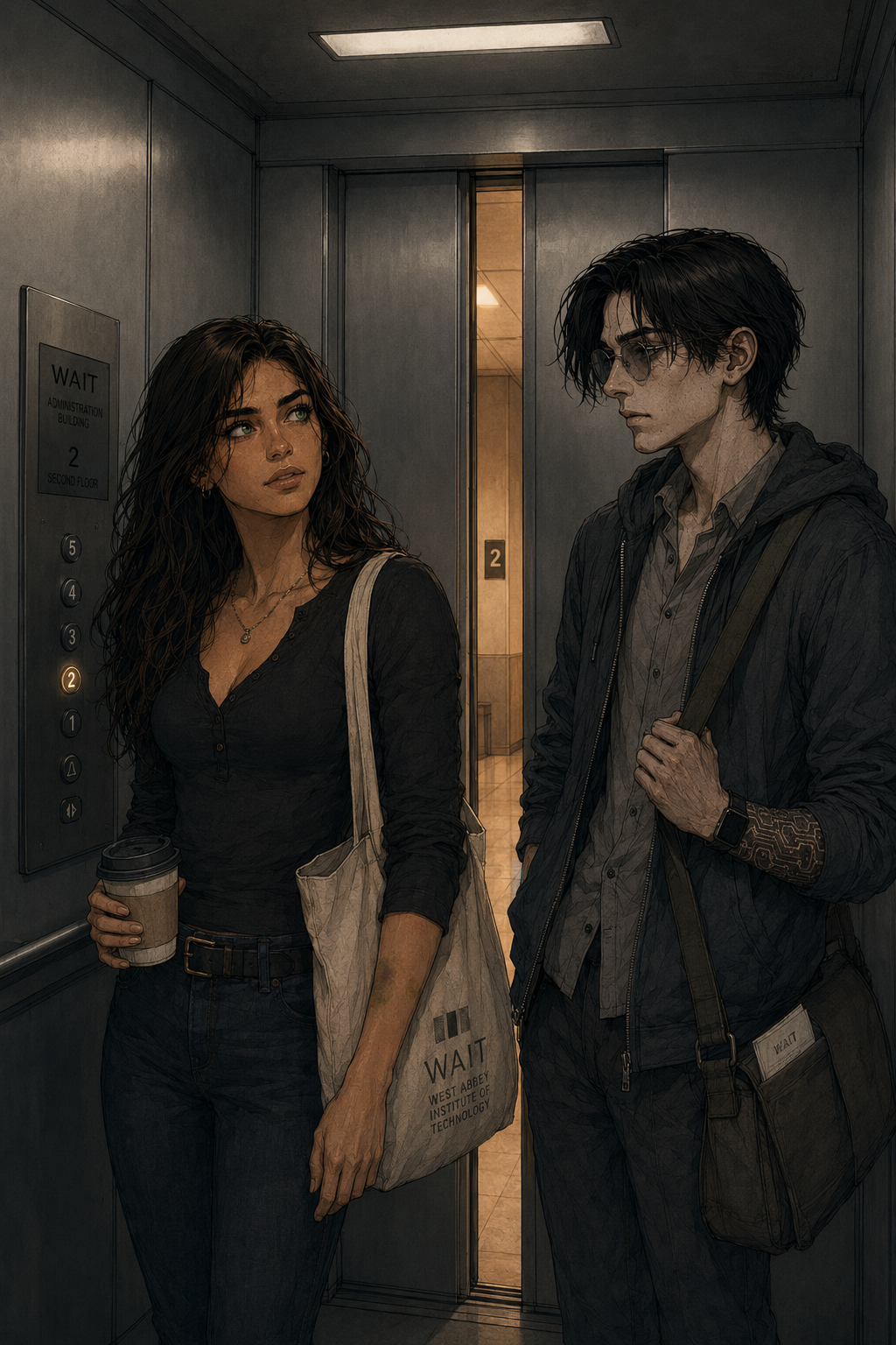 Cade and Cass in the WAIT administration-building elevator, the doors just parted on the second floor with a warm corridor spill against the cool car light, Cass with a canvas tote and a coffee, Cade with his bag, a held beat of quiet attention.