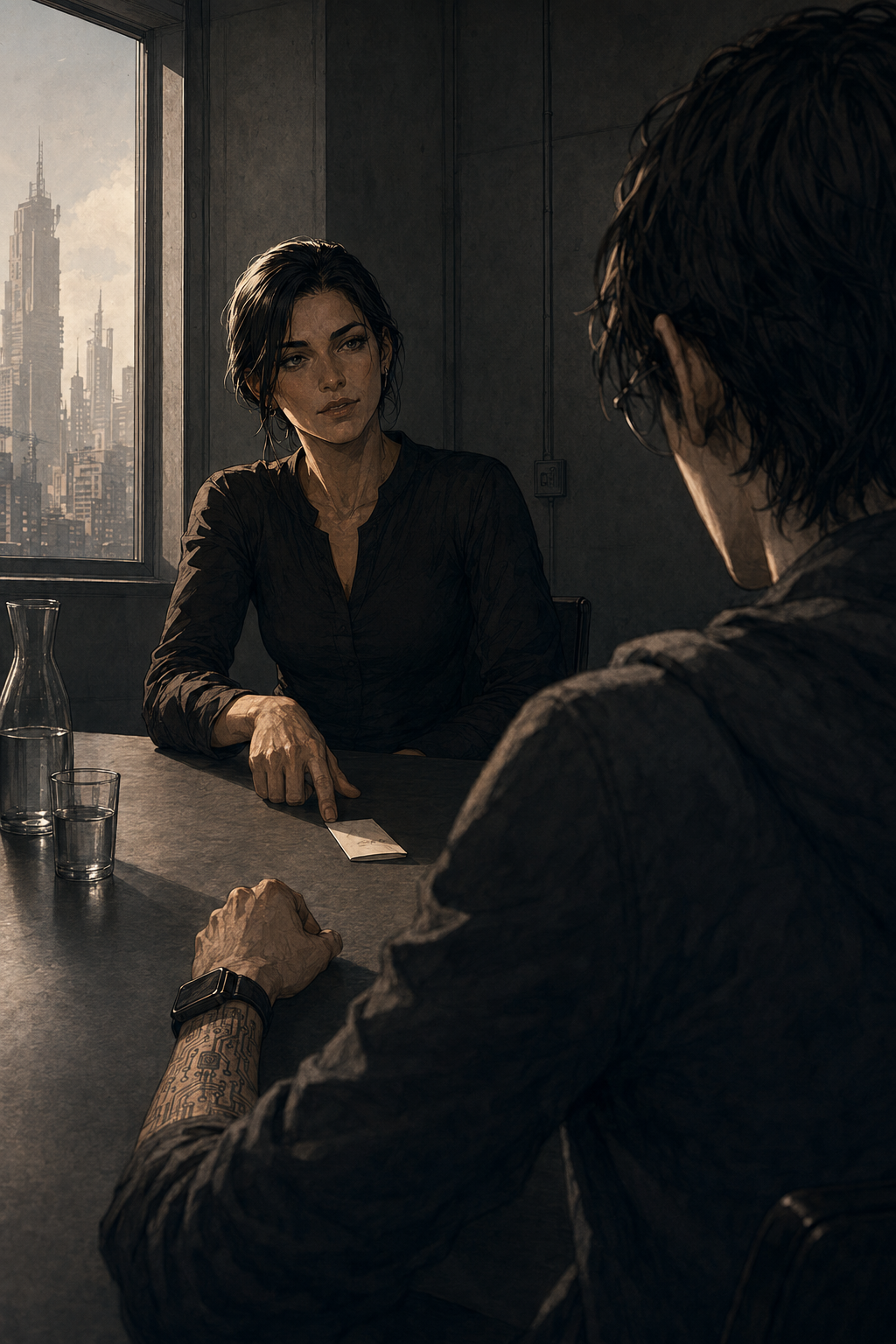 Cade across a bare table from Lena Holt in a spare Bunker Hill conference room, seen over Cade's shoulder, his tattooed forearm and smart watch in the foreground, Lena composed in dark clothes with one fingertip resting on a folded card she has just slid across, cool window light raking the room.
