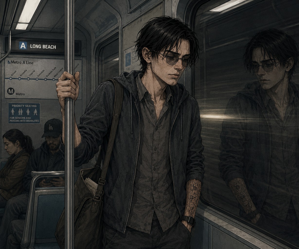 Cade standing in a descending Metro A Line train, the dark tunnel-wall window turned to a mirror that doubles his reflection, two figures with the space between them the shape of two tracks not yet touching.