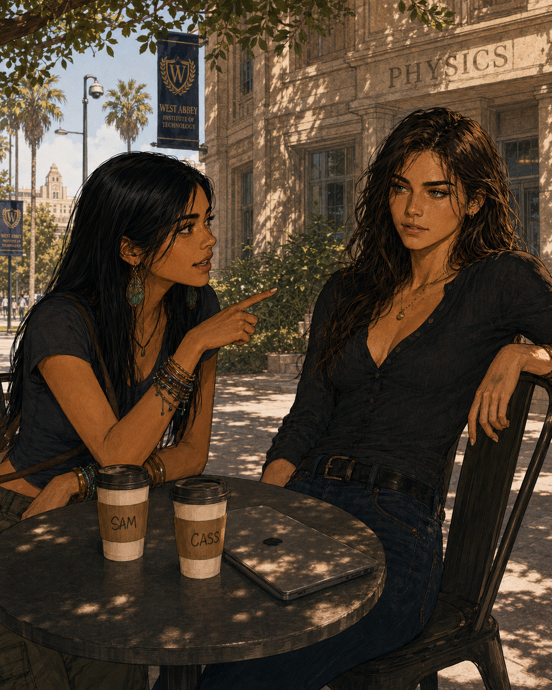 Sam and Cass at an outdoor table beside the WAIT physics building in afternoon shade, Sam leaning in mid-conversation with stacked bangles and stained-glass earrings, Cass sitting back with her weight against the chair, two coffees between them.