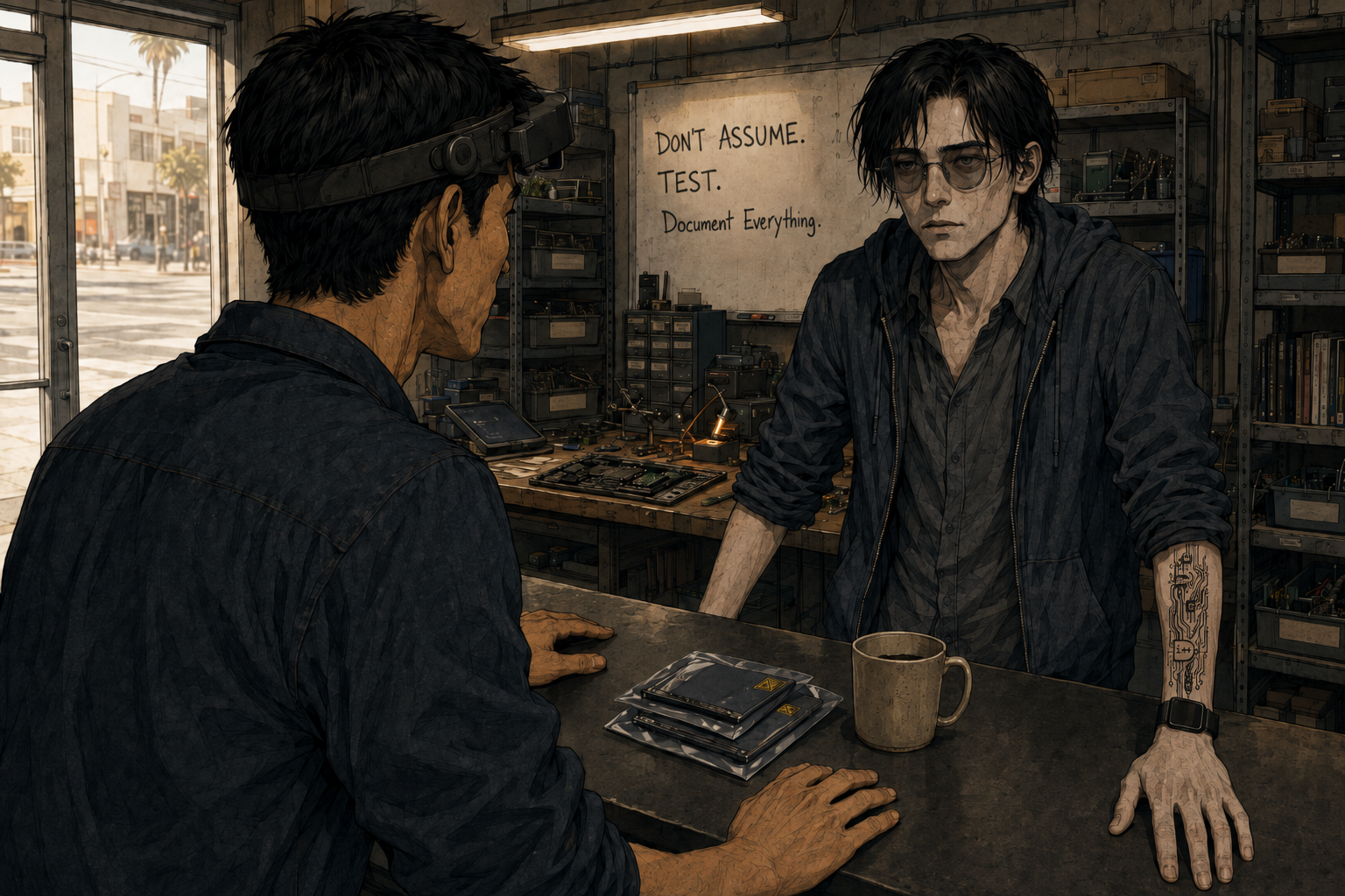 Cade at the counter of Ki's shop on day seven, grey-faced and hollow-eyed from a week of no sleep, both forearms on the counter with the circuit tattoo showing. Ki has set the screwdriver down and put both hands flat on the counter, the magnifying headset pushed up on his forehead, looking at him.