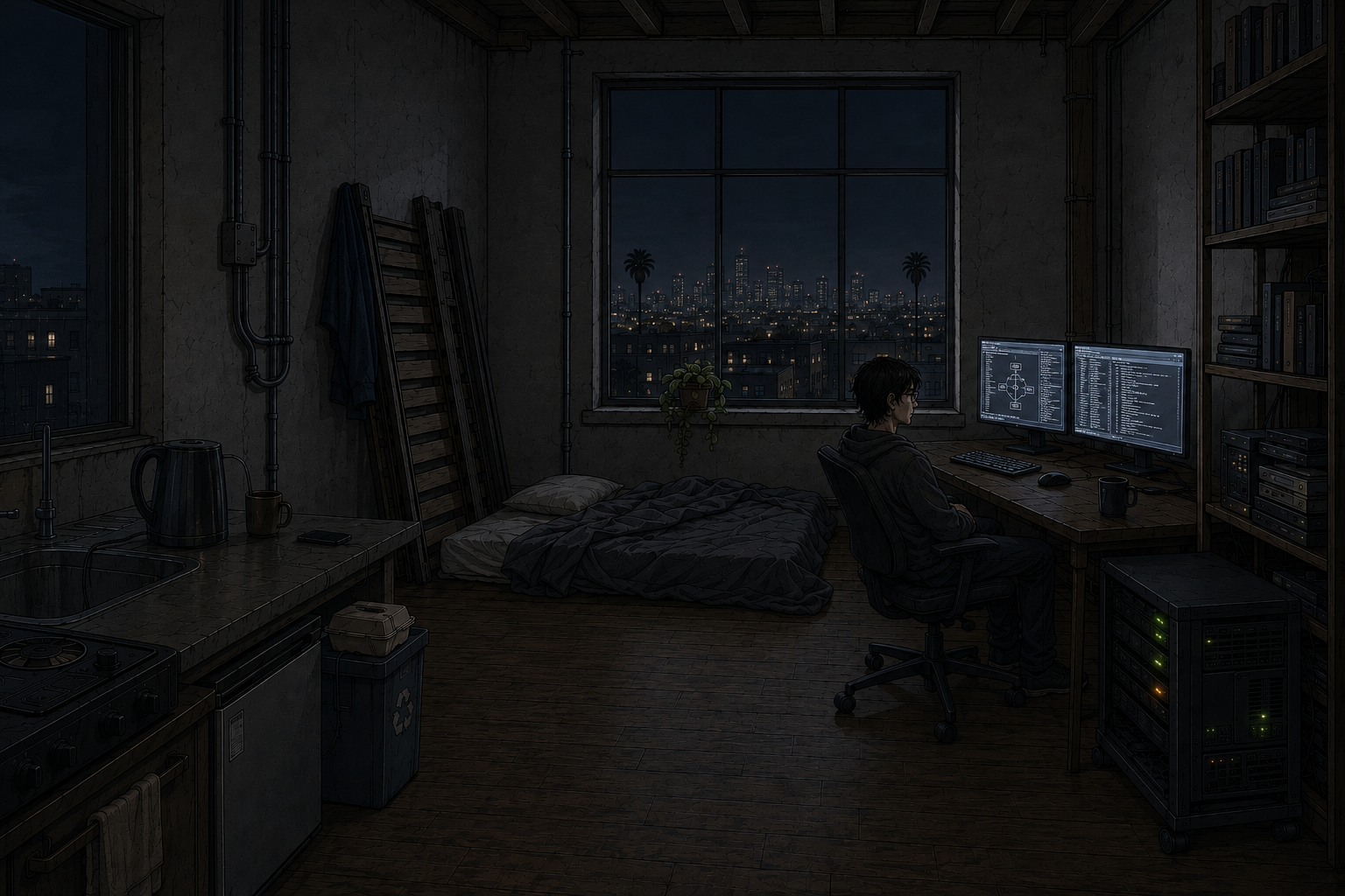 Cade's loft at three in the morning, seen from across the room. He has rolled the chair back from the desk and sits still with his hands off the keyboard, looking at two monitors showing a decompiler workspace and a function call graph. The server rack's indicator lights and the city through the window are the only other light.
