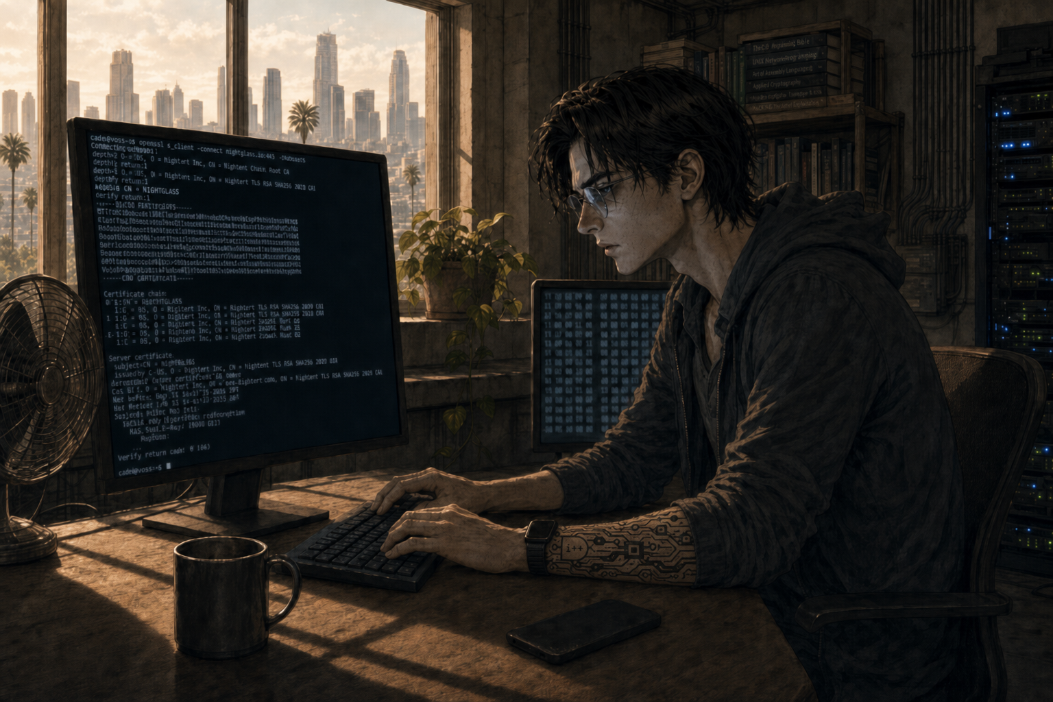 Cade at his terminal running openssl against the Tier Two target, the certificate chain on screen resolving to a common name that is a single word, NIGHTGLASS, the reddening downtown skyline out the window behind him.