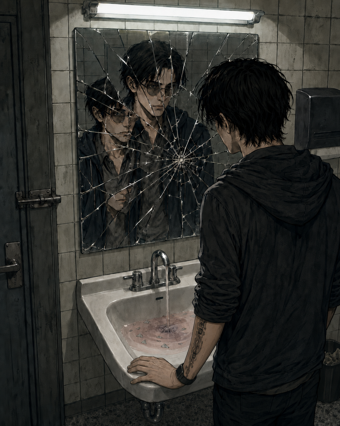 Cade braced on the sink of a locked single-occupancy restroom, the mirror above it broken from one impact into a hundred wedges, his reflection coming apart across them, the water in the basin running faintly pink.
