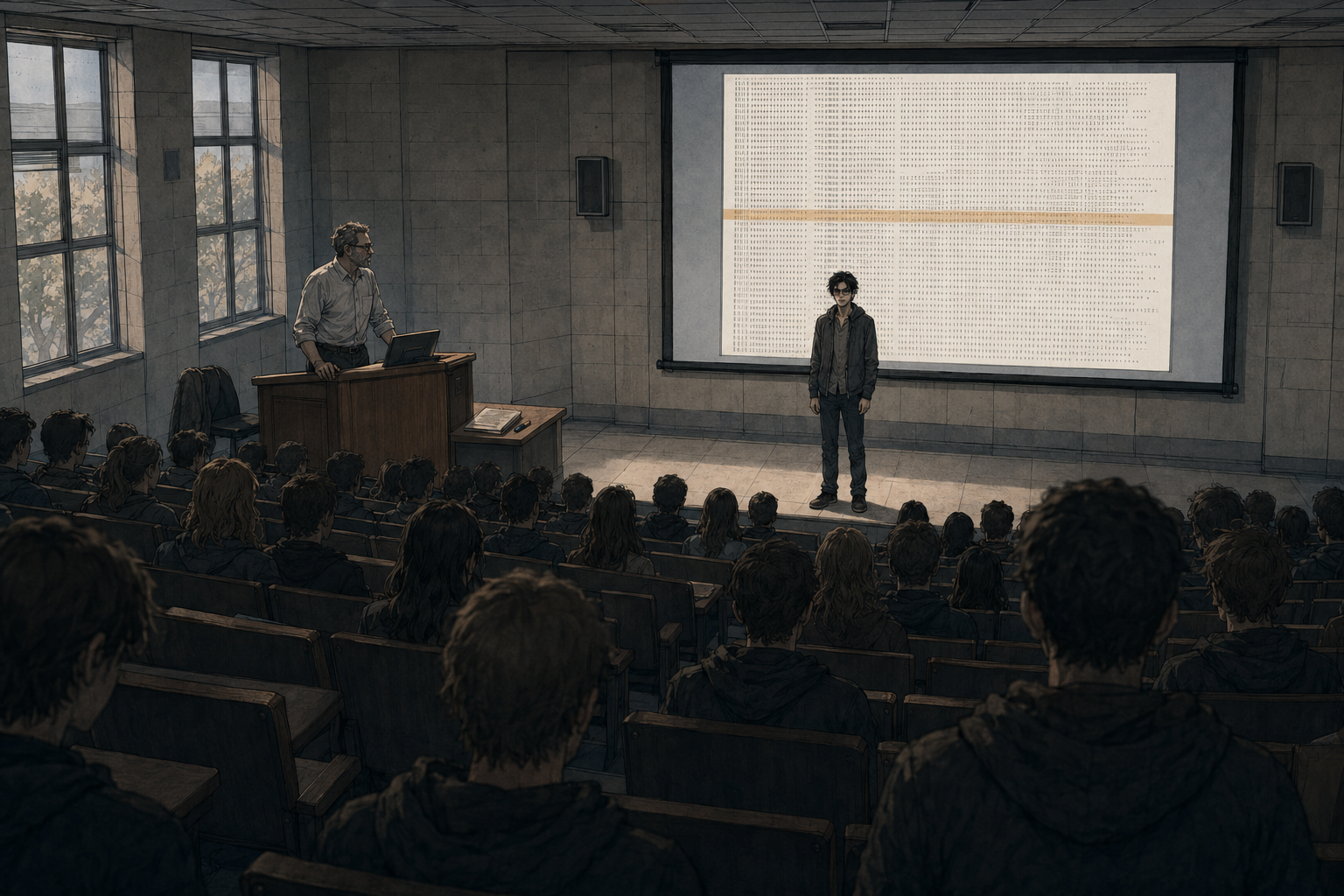 Cade standing alone in the projector light at the front of the lecture hall, the packet-capture log filling the screen at his shoulder with one row highlighted, Dietrich composed at the podium, a hundred and eighty students watching in silence.