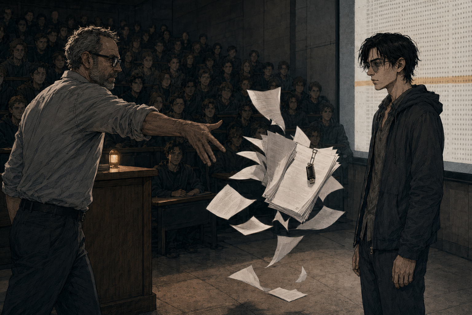 The front floor of the lecture hall. Dietrich stands at the left in the follow-through of an underarm throw, arm still extended, jaw set. The stapled assignment is in the air between them with a flash drive clipped to its cover, pages fanning apart, two already on the floor. Cade stands at the right in the projector wash with his arms at his sides, not moving. A hundred and eighty students in the dark behind them.