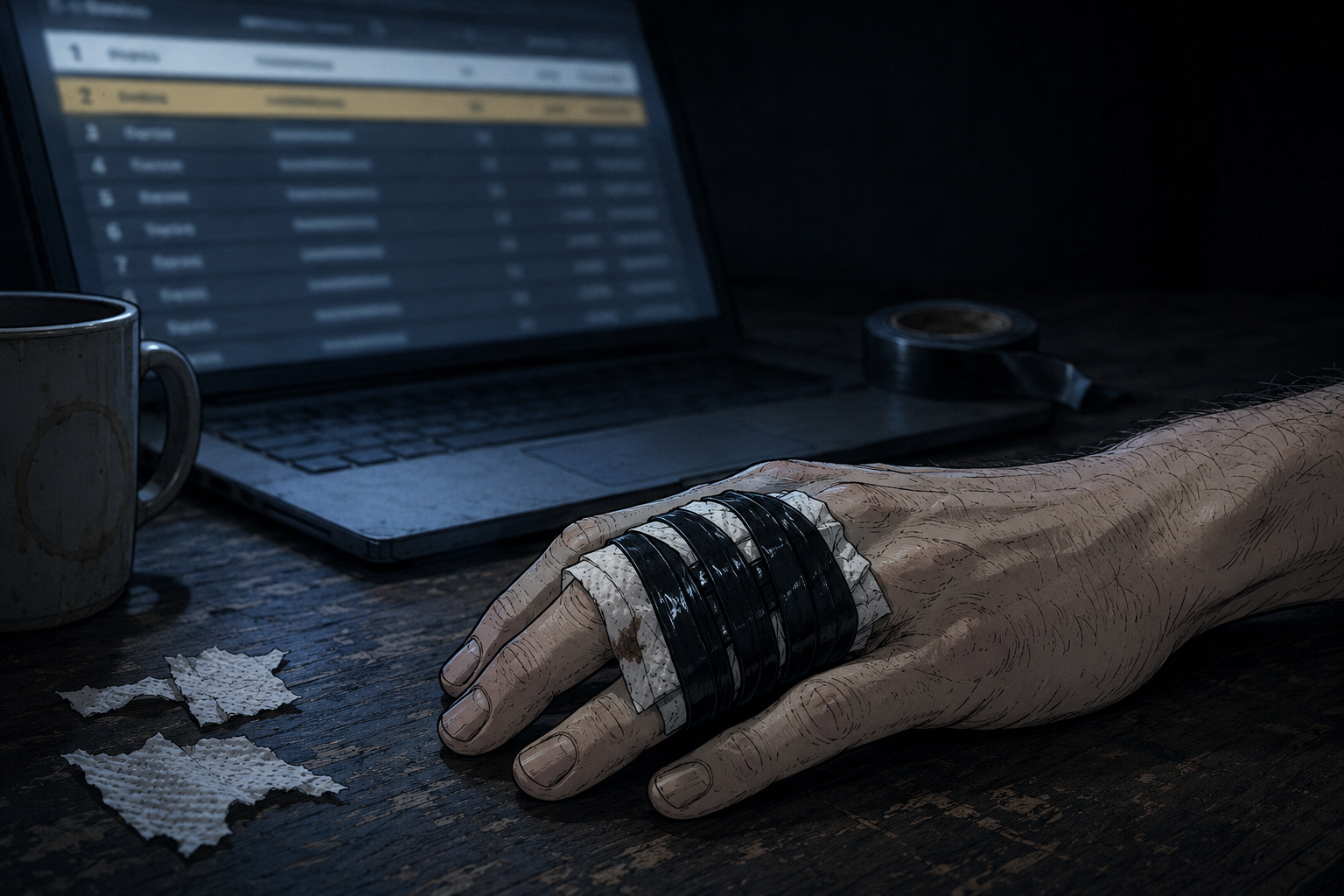Cade's knuckles wrapped in a paper towel and black electrical tape, the hand resting still beside the trackpad, the leaderboard soft and out of focus behind it with two rows highlighted one directly above the other.