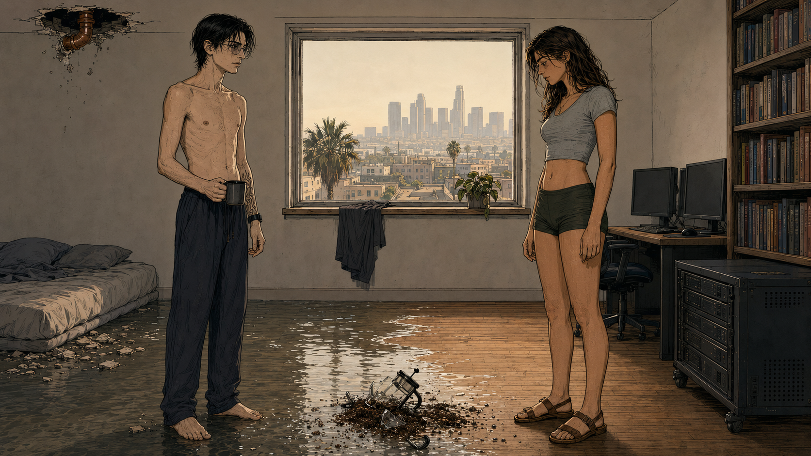 Cade's flooded loft at 1847 Entrada, water standing across the floorboards. Cade stands barefoot and shirtless holding the mug she brought him, the circuit tattoo running up his left forearm; his shirt hangs drying over the open window with the LA skyline beyond it. Cass stands opposite in a crop-T, shorts and sandals, looking down at the broken french press scattered in the water between them. The burst pipe hangs open in the ceiling above the soaked mattress, the server rack dry on its casters by the desk.