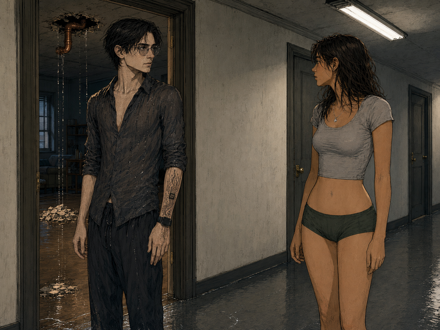 The third-floor hallway at 1847 Entrada, water running across the floor. Cade stands in his open doorway in a soaked shirt, the burst pipe and the hole in his ceiling visible behind him. Cass stands a few feet away by the landing in a crop-T and shorts, hair loose, looking back at him under the corridor light.