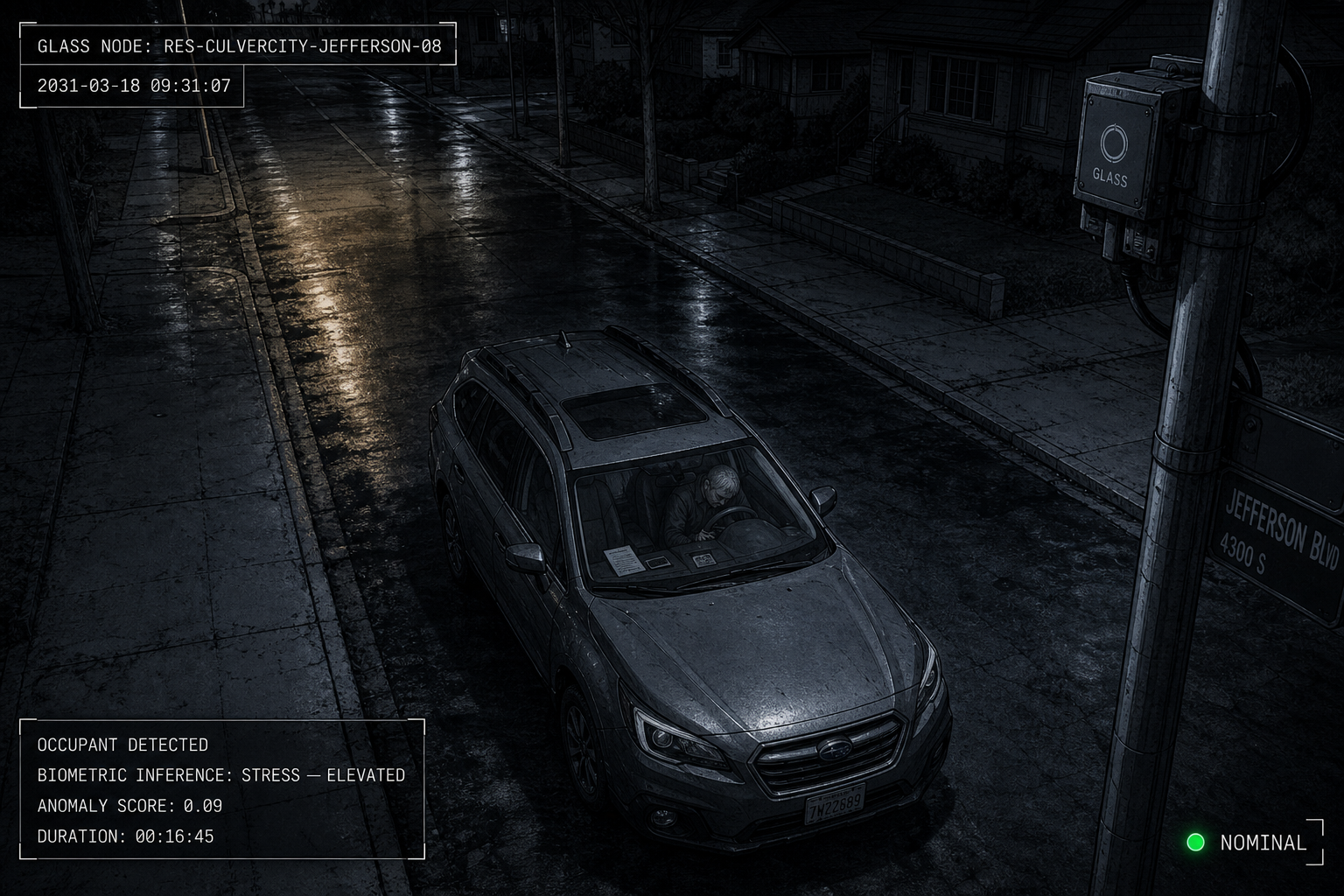 A Glass surveillance node's overhead view of a lone Subaru parked on a rain-wet Culver City street at night, a figure slumped at the wheel, the log overlay reading ANOMALY SCORE 0.09 and a green dot: NOMINAL.