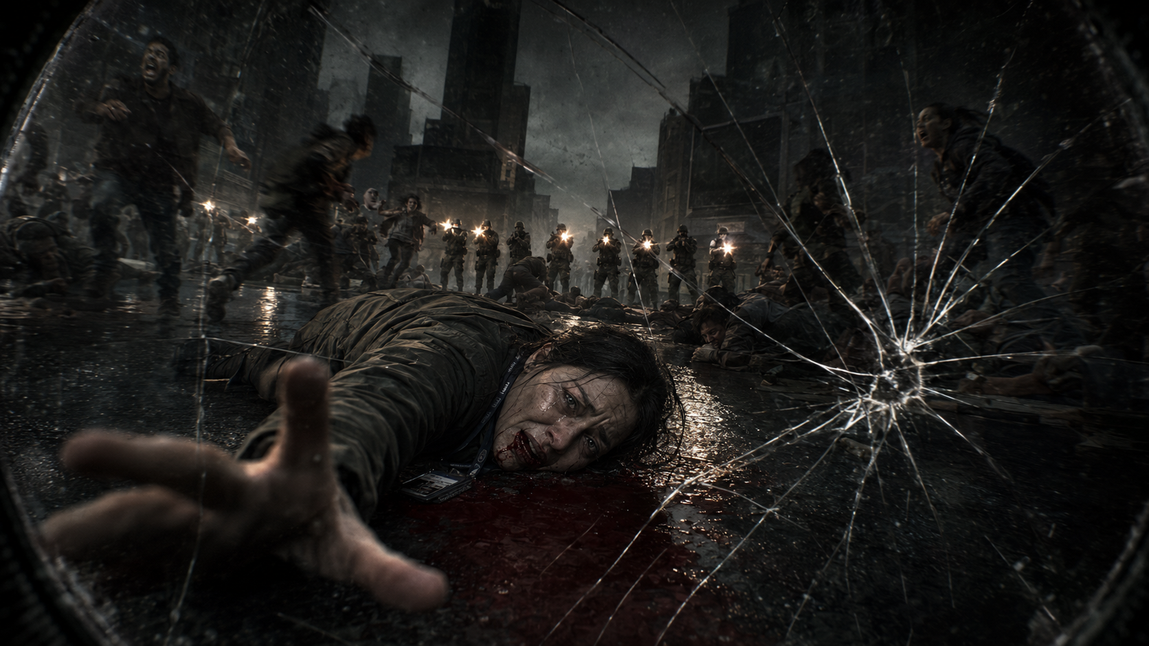 A cracked field-camera lens looking across a night massacre in Times Square, 2031 — a press journalist fallen on the wet pavement in the foreground, one hand reaching past the lens, blood pooling beneath her; behind her a panicked crowd scatters and a line of federal soldiers fires toward the camera.
