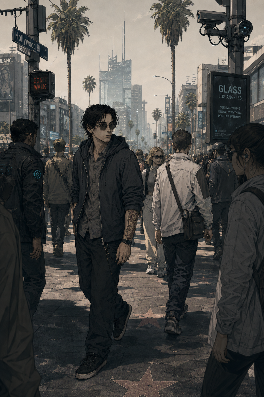 Cade Voss moving through 2035 Los Angeles. Glass infrastructure nodes visible on lamp poles.