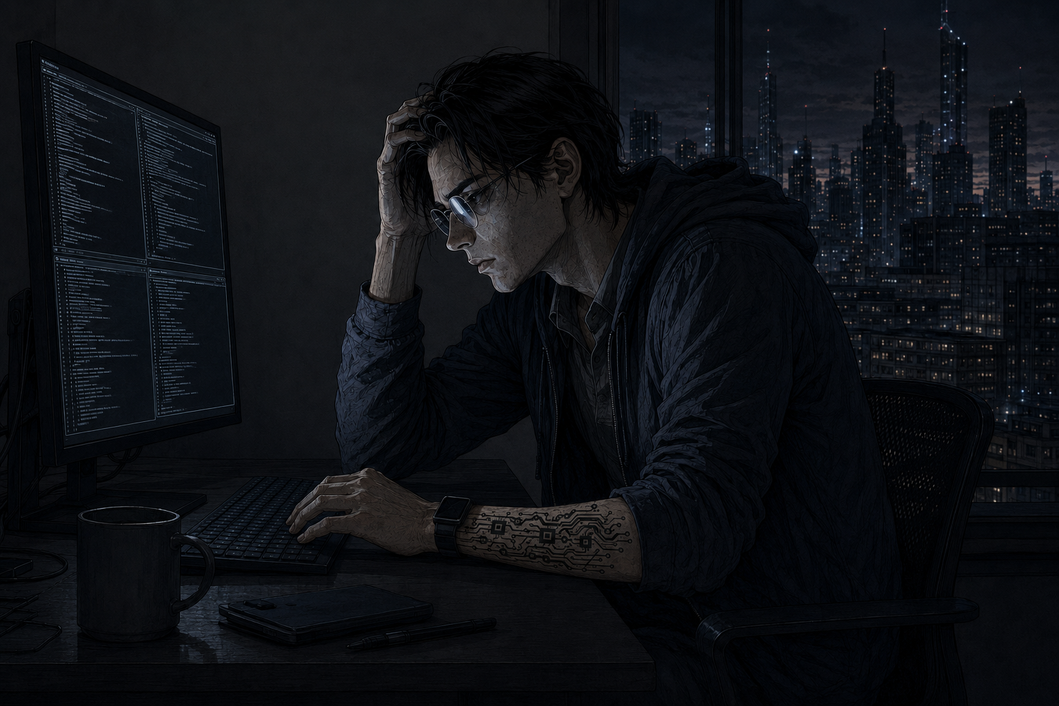 Cade Voss at his terminal, late at night. Multiple panes open. Screen glow the only light.