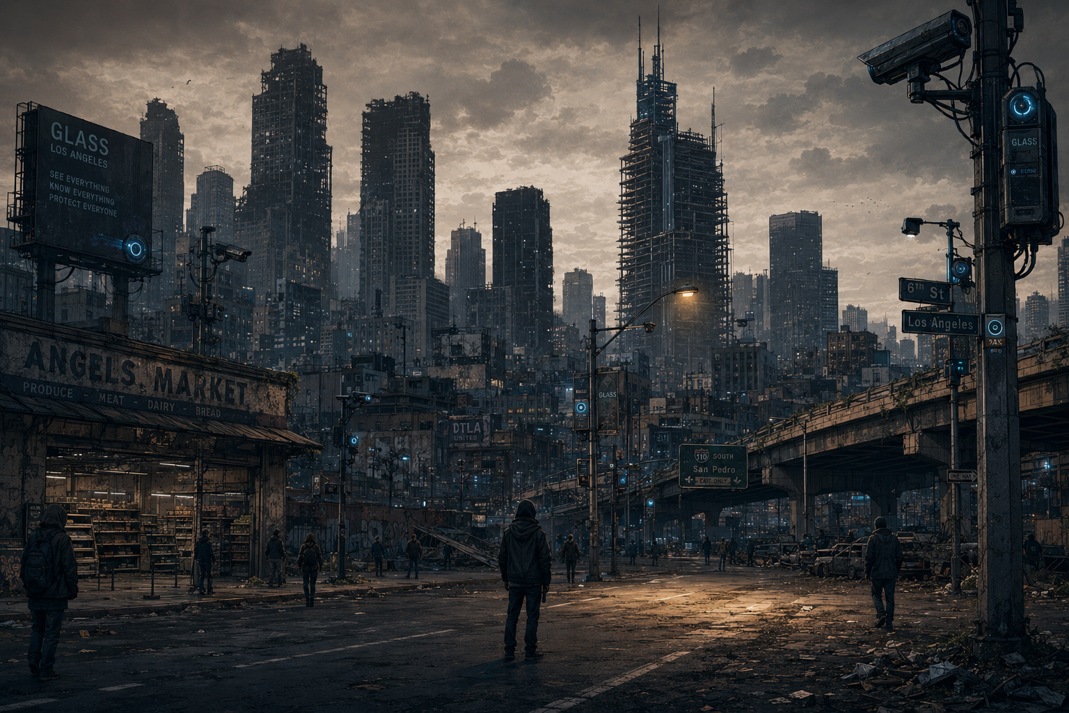 Ruined downtown Los Angeles in 2035 under heavy overcast — abandoned towers and an unfinished scaffolded high-rise, a Glass surveillance billboard reading SEE EVERYTHING / KNOW EVERYTHING / PROTECT EVERYONE, the still-open Angels Market, hooded survivors on a debris-strewn street, and surveillance cameras glowing cold blue on every pole.